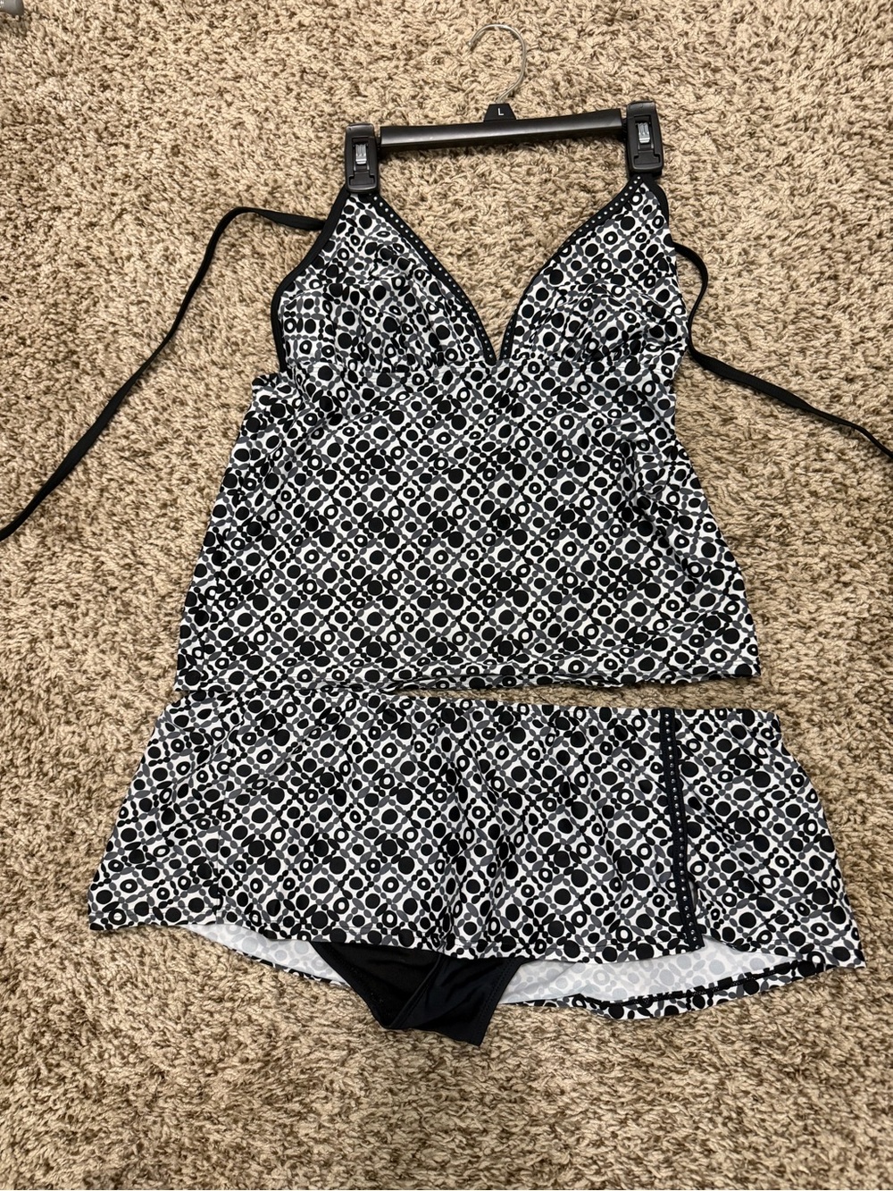 Black & White Geometric Tankini with Skirted Bottom